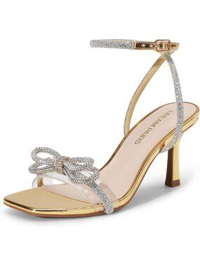 DREAM PAIRS Women's Gold Double Bowknots Heels Open Square Toe Ankle Strap